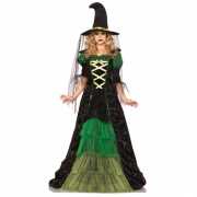 Luxe heksen jurk met ruches groen zwart